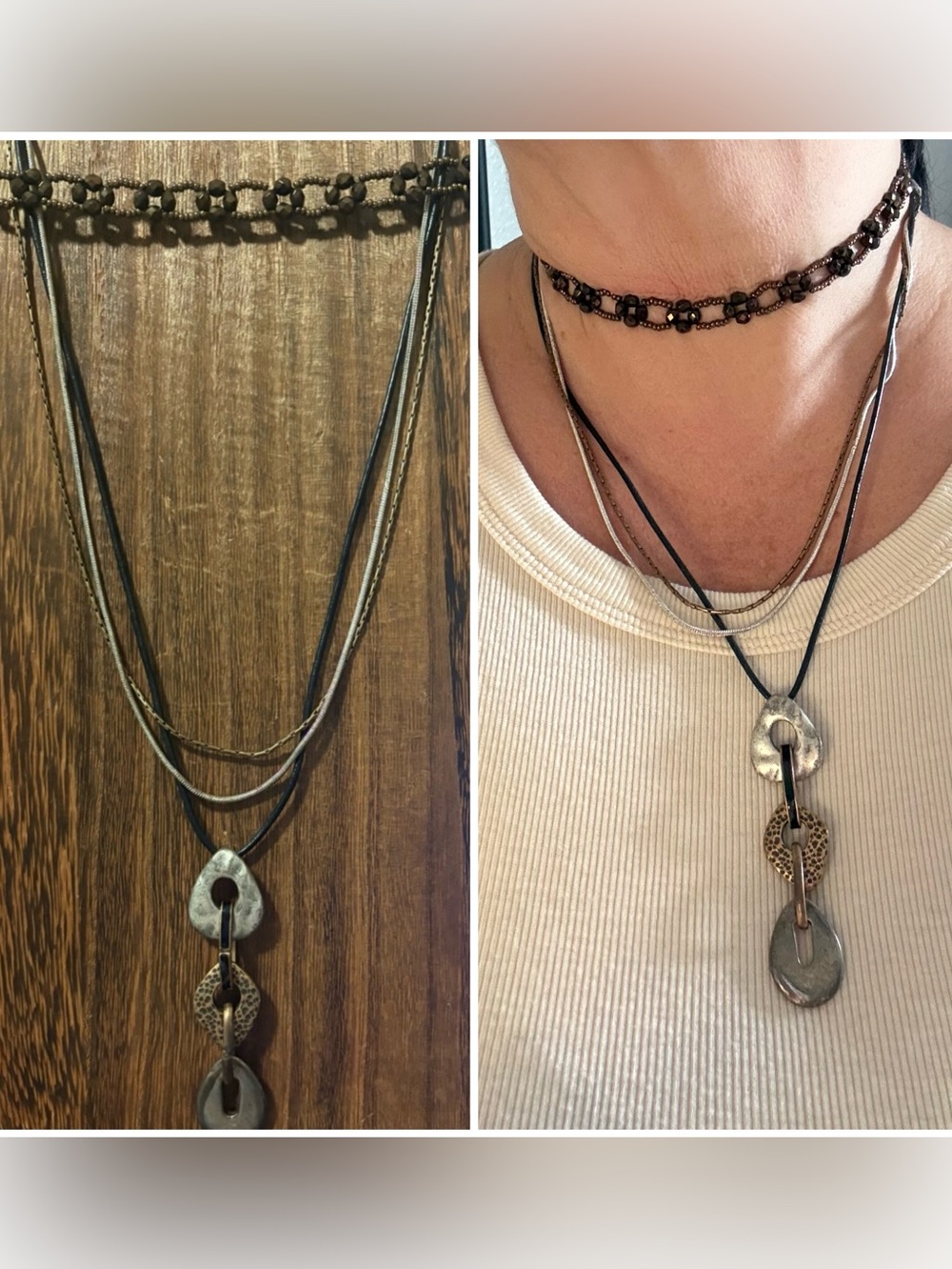 Vintage Chico’s 3-Strand Black bronze and Silver-Tone Pendant Necklace & choker